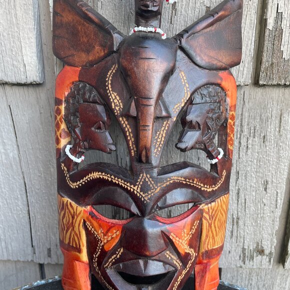 African Kenyan Tribal Multiple Face Mask with Elephant Hand Carved Wooden - Picture 2 of 6